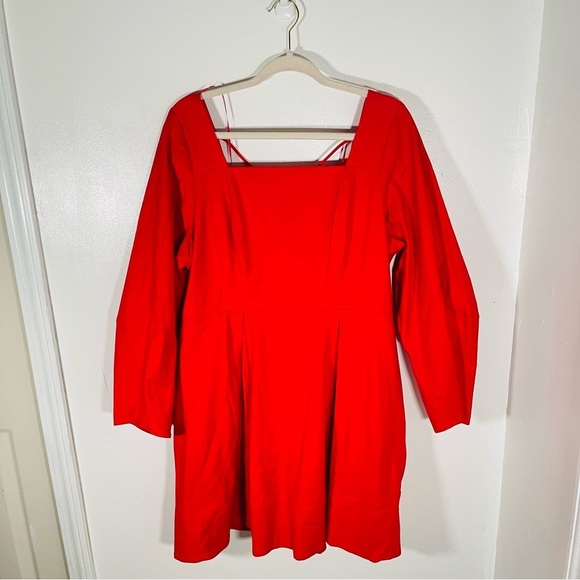 NEW Anthropologie Maeve Long-Sleeve Square-Neck Pleated Mini Dress Red Coastal - Picture 2 of 9